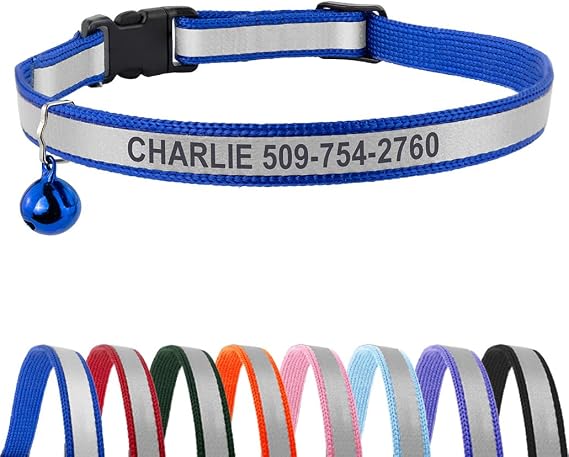 GoTags Personalised Reflective Cat Collar with Bell, Engraved with Name and Phone Identification, Breakaway Quick Release Collar with Safety Release Buckle, Adjustable for Cats and Kitten (Blue)