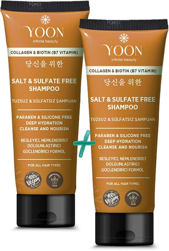 YOON 2'si 1 Arada Sülfatsız ve Tuzsuz Şampuan, Kolajen Biotin B7 içerikli Parabensiz, Güçlendiren Besleyici ve Nemlendirici Vegan Şampuan 250ml + 250ml
