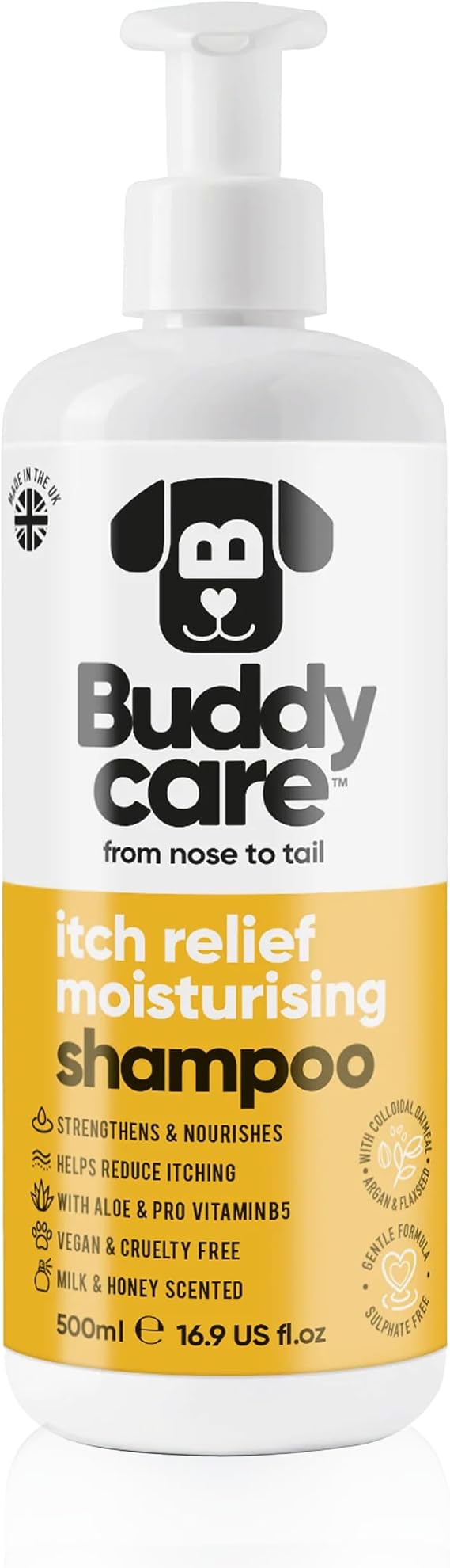 Itch Relief Moisturising Dog Shampoo by Buddycare | Deep Cleansing Shampoo for Dogs | Milk & Honey Scented | With Aloe Vera and Pro Vitamin B5 (500ml)