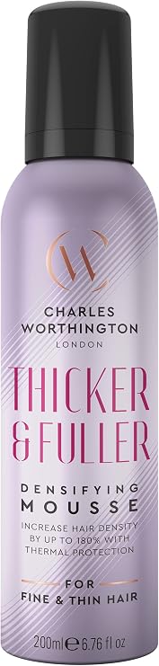 Charles Worthington Thicker er Densifying Mousse, Hair Thickening Products, Salon Volumising Mousse for Fine Hair, 200 ml