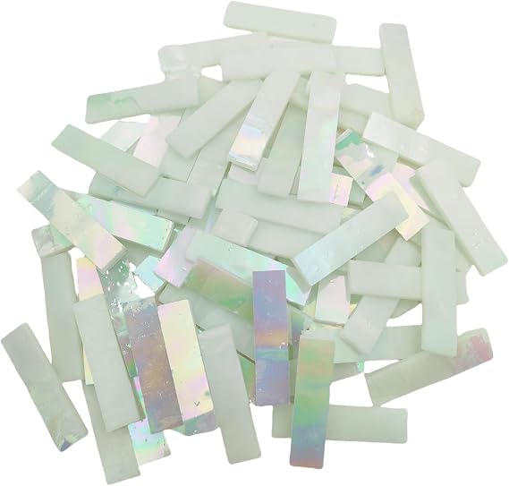 4 x 1 CM Rectangular Iridescent Stained Glass Strip, 7oz Glass Mosaic Tiles for DIY Crafts,Plates,Picture Frames,Flower Pots,Handmade Jewelry and More Mosaic Decorative (Iridescent White)