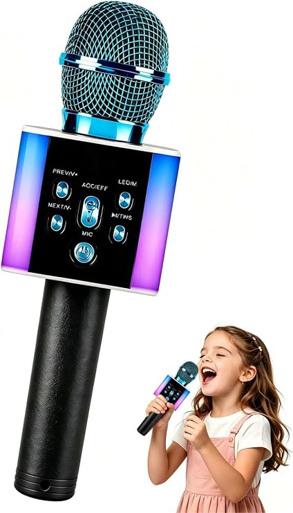 Wireless Bluetooth Microphone with 7-Color LED Lights - 2-in-1 Karaoke Mic & Bluetooth Speaker,Karaoke Gift for Kids/Adults (blue)