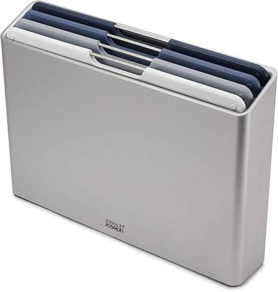 Joseph Joseph Folio Editions 4 piece colour coded Chopping Board Set, slimline case for organised storage, Large - Blue/Grey