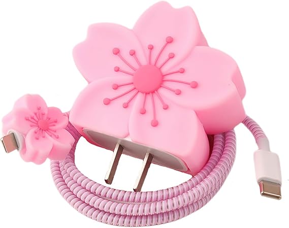 iPhone充電器プロテクター用フラワーケーブルプロテクター かわいい桜 桃の花 ベゴニアデザイン、ソフトシリコンデータケーブルコードセーバーフォンiPad充電器カバー iPhone 11 12 13 14 15 16 Pro Max-ピンク