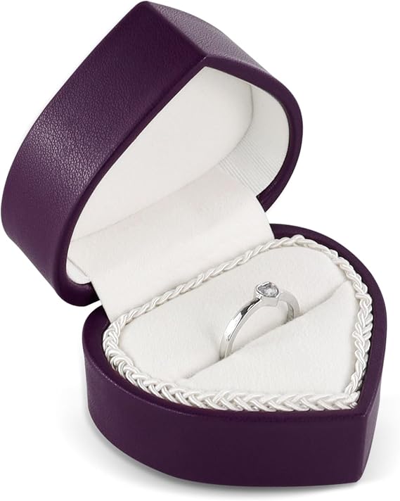 PU Leather Ring Box, Heart-shaped Ring Storage Box with Flip-open, Small Trinket Box for Proposal, Engagement and Marriage (Purple)