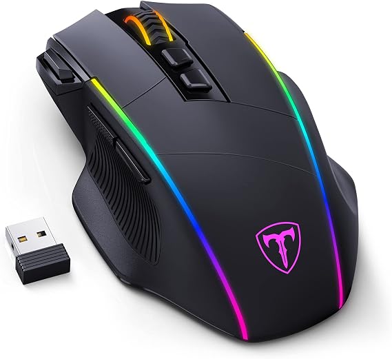 RisoPhy Kablosuz RGB oyun faresi, 2.4G/USB-C/Bluetooth fare, 8 programlanabilir tuşlu/10000DPI/7 RGB aydınlatma, PC/Mac oyuncular için kablosuz ergonomik fare