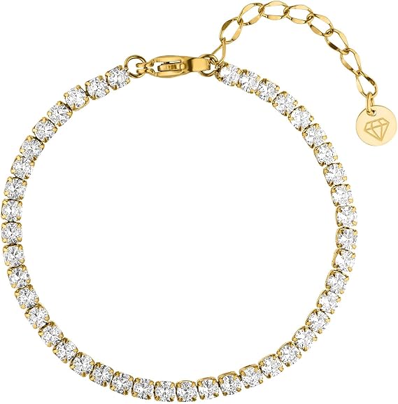 DIAMOND MODE Tennis Bracelet 18 K Gold-Plated 3 mm Cubic Zirconia Stones 16-20 cm Adjustable Surgical Steel 316L