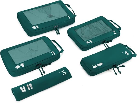 ECOHUB 5 Set Compression Packing Cubes for Suitcases Organiser Bags Travel Accessories with Shoes Bag Tear-resistant Travel Cubes with ID Tag Expandable Packing Bags (Dark Green)