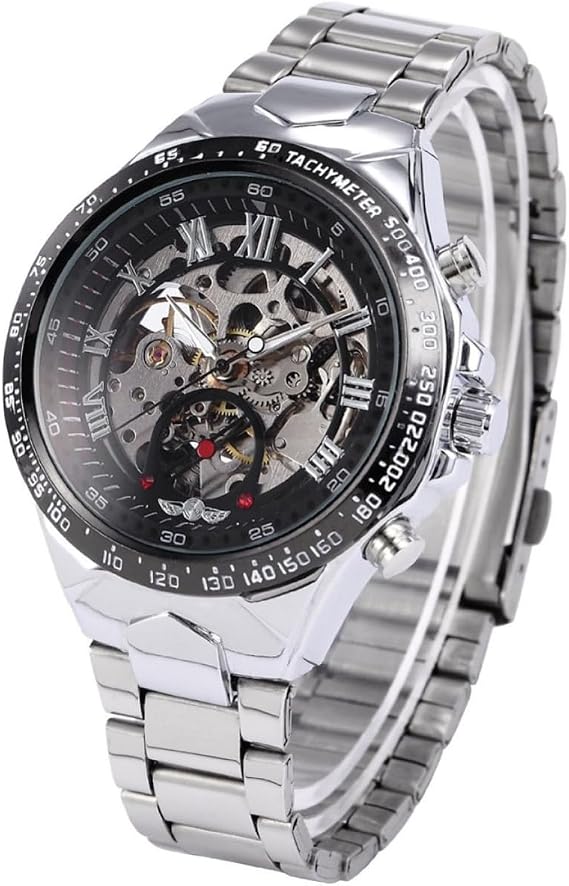 Automatic Mechanical Watch Sturdy Alloy and Stainless Steel Case with Skeleton Round Dial Waterproof Design Fashion Wrist Watch Men's for Everyday Use