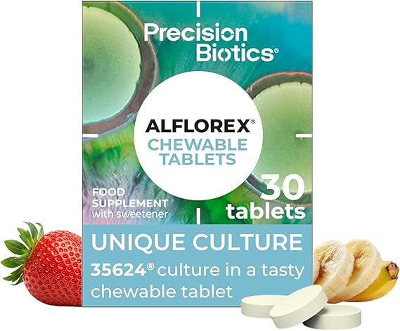 Alflorex Chewable - Daily Gut Health Supplement with Unique Bifidobacterium Longum Bacteria Strain 35624® - Bacterial Cultures - Strawberry & Banana Flavour - 30 Chewable Tablets