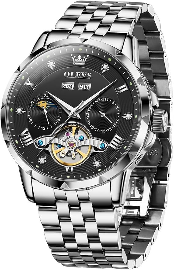 OLEVS Men Automatic Watch Skeleton Mechanical Classic Luxury Business Diamond Stainless Steel Waterproof Luminous Date Calendar Wrist Watches for Men