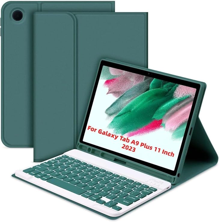 Fogy Galaxy Tab A9+ Plus 11 İnç Sm-X210 ile Uyumlu Çıkarılabilir Bluetooth Klavyeli Klavye Kılıfı, Koyu Yeşil