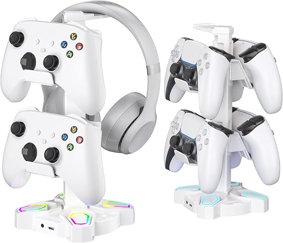 KDD Gaming Headphones Stand, Rotatable Headset Stand with 9 Light Modes - Controller Holder with 2 USB Charging Ports and 3.5mm & Type-C Port - Earphone Hanger Accessories for Desktop Gamer