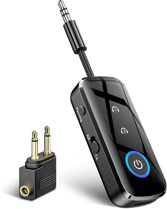 SONRU Bluetooth 5.3 Transmitter Receiver Splitter, 2 in 1 Bluetooth Airplane Adapter with 3.5mm Jack Compatible with 2 AirPods Wireless Headphones Travel Essentials for Flight, TV, Car, Gym, Speaker