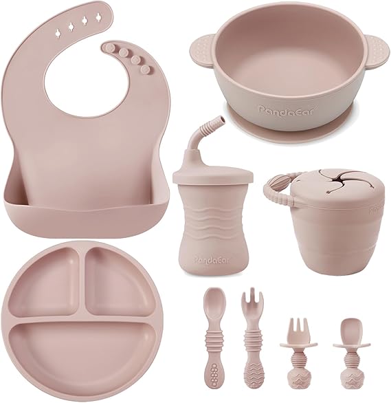 PandaEar Silicone Baby Feeding Set | 9PCS Baby Led Weaning Set | Baby Eating Set | Divided Suction Plate Bowl Bibs Sippy Cup with Baby Snack Container Spoons Forks (Pink)
