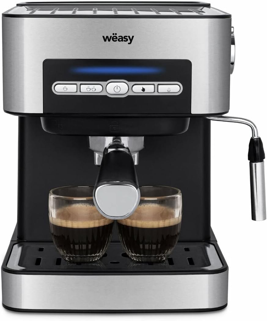 KFX32 Maquina de Café Espresso Programable, 15 Tazas, Depósito de 1.6 litros, Presión Bomba 20 Bares, Brazo Doble Salida, Vaporizador, Superficie Calientatazas, Acero Inoxidable, Plata [Clase de eficiencia energética A]