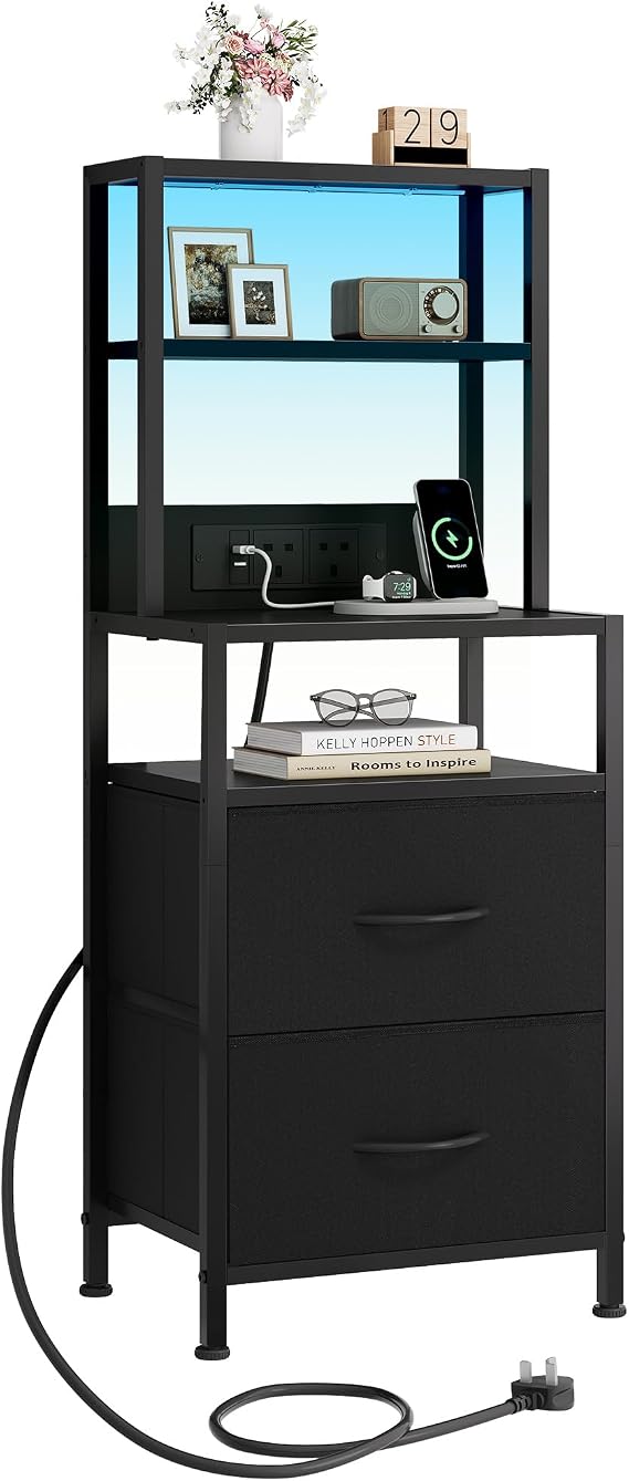 WLIVE Black Bedside Table with Charging Station and LED Light, Bedside Cabinet with 2 Drawers, Tall Nightstand for Bedroom, Living Room, Office, Black