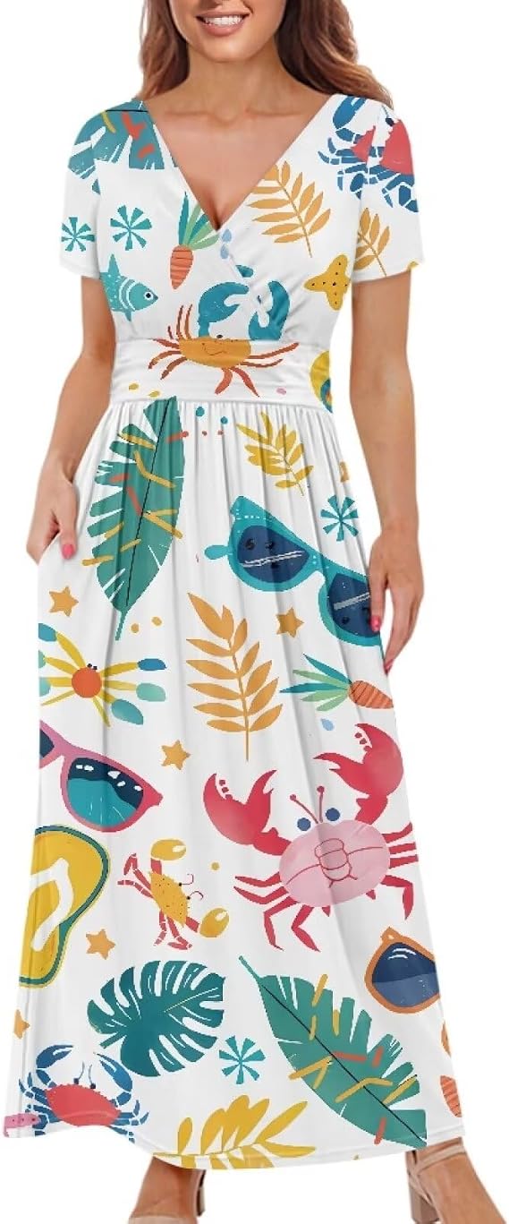 Womens Dress Summer V Neck Casual Maxi Dresses Ruffle A-Line Pleated Short Sleeve Wrap Beach Dress with Pocket