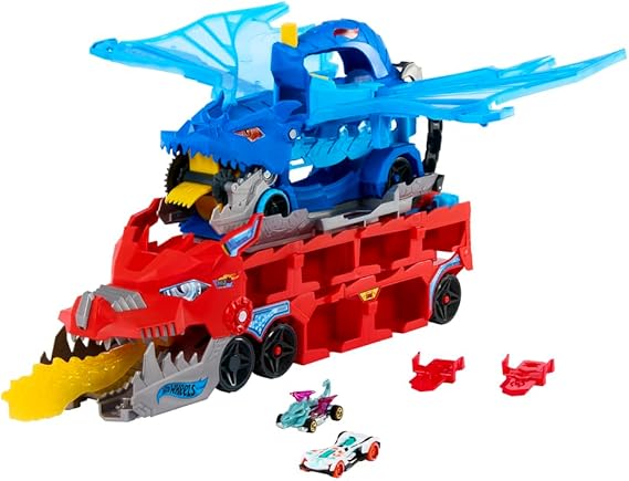 Hot Wheels City oyuncak araba ve pist seti, Dev Taşıyıcı Tır ve 2 metal araba, büyük ölçekli ejderha ve çıkarılabilir ejderha, 20'den fazla araç taşıyabilir, JBM72