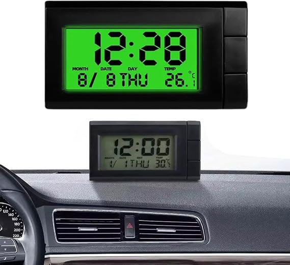 Mini Digital Clock for Car Dashboard, Portable Digital Dashboard Clock with Jumbo LCD Time & Day Display, Mini Automotive Stick On Clock for Car Truck Dashboard & Air Vent(Green)