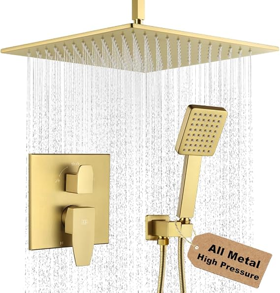 12" Ceiling Mounted Shower Faucet Set, Brushed Gold, Ceiling Rain Shower Head and Handle Set, Bathroom Rain Shower System, Includes Shower Valve and Trim Kit