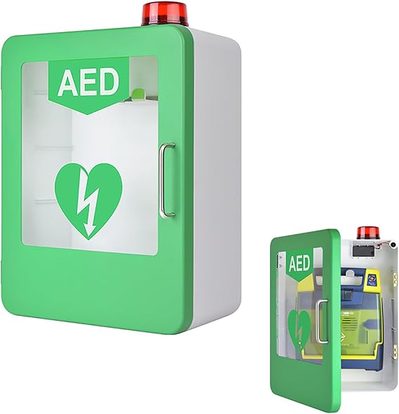 AED Defibrillator Wall Cabinet with Key and Alarm - Cardiac Defibrillation Alarm Box for Home, Schools, Clubs and Groups