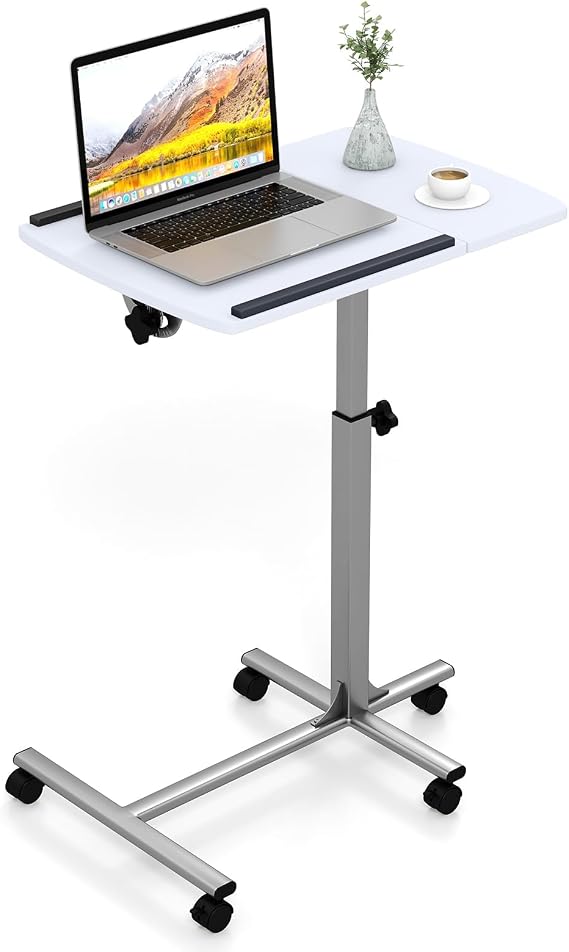 Height Adjustable Sit-Stand Laptop Desk With Lockable Wheels - Mobile Standing Table For Home Office - Angle-Adjustable C-Shaped Computer Workstation - 60 X 40cm