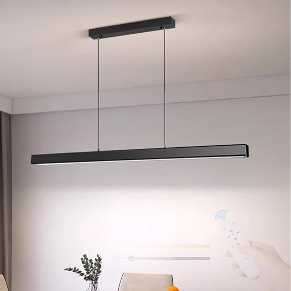 LED Lineer Sarkıt Lamba, Yemek Masası Lambası, Modern Mutfak Adası, Uzaktan Kumandalı, Kısılabilir, 3 Renk Sıcaklığı, %10 ila %100 Asma Lamba, Yüksekliği Ayarlanabilir, Oturma Odası, Ofis (Siyah, 150 [Enerji Sınıfı A+++]