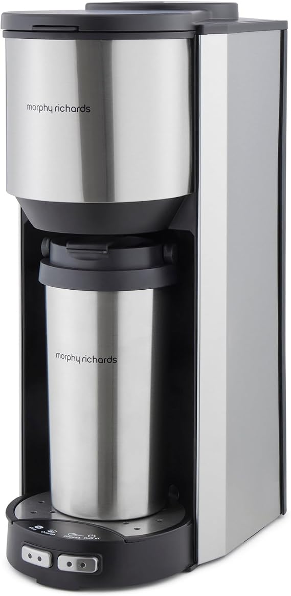 Morphy Richards Tazza Pour & Go, Single Cup Coffee Machine, Includes Travel Mug, Bean To Cup, 35g Integrated Grinder, Easy Operation, Coffee On The Go, 900W, Stainless Steel, 162105