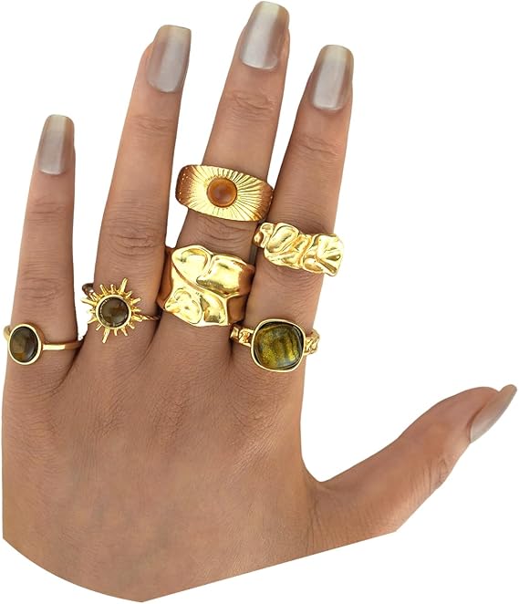 Brown Stackable Knuckle Rings for Women,Chunky Gold Layered Statement Rings,Large Thick Midi Ring Set Outfit Accessories