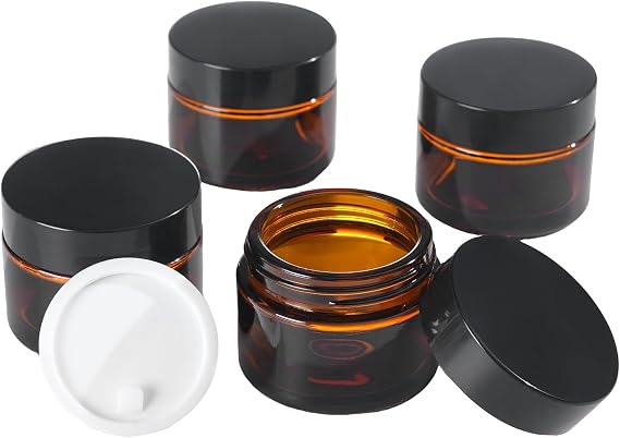 OverNews 4pcs 30ml Glass Amber Jar, Empty Cosmetic Lotion Containers,with Inner Liners,Black Lid, Spatula