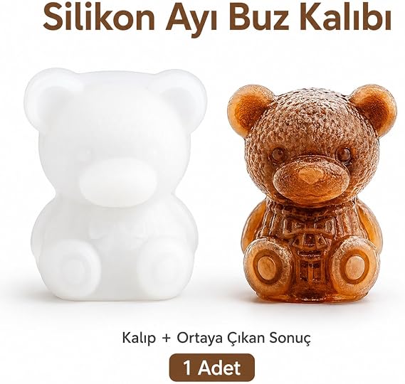 3 Boyutlu Ayıcık Buz Kalıbı, Silikon Ayı Şekilli Tek Gözlü Buzluk, Kahve Kokteyl ve Soğuk İçecek Sunumu, 5 x 7 cm, 1 Adet