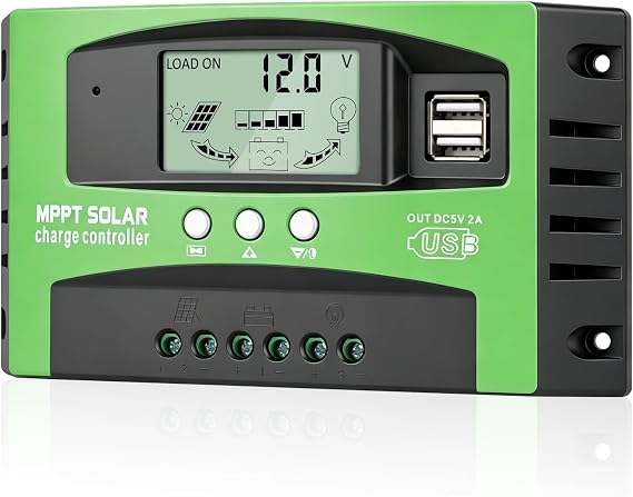 30a Mpptソーラーパネル充電コントローラー、12v/24v自動ソーラーバッテリー充電器コントローラー、lcdディスプレイ付き、デュアルusbポートとタイマー設定オン/オフ時間グリーン
