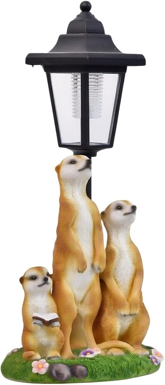 Solar Powered Meerkat Statue with Lantern, Hand-Painted Resin Outdoor Garden Decor, Weatherproof Mother and Baby Figure for Patio