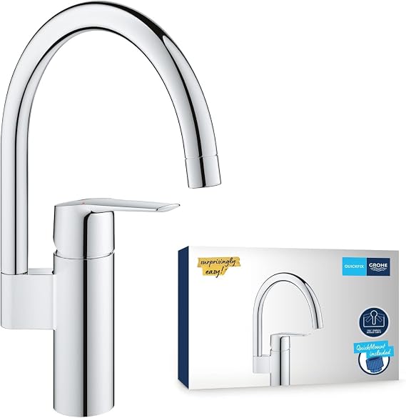 GROHE QUICKFIX Start – Kitchen Sink 1 Lever Mixer Tap (High C-Spout, 150° Swivel Area, 1-Hole Installation, 35 mm Ceramic Cartridge, Tails 3/8 Inch, QuickMount Included), Size 339 mm, Chrome, 30469000
