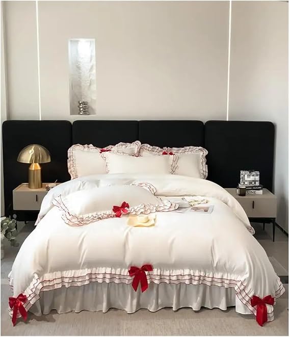 Ruffle Bedding Set Chic Multi Layer Ruffle 3/4/6Pcs White Duvet Cover Set Girls Bedding With Cute Bow-Knots Bed Sheet Pillowcases for Bedroom(Color 2,230x230cm 3Pcs)