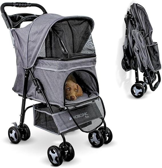 Mobiclinic® Pets Foldable Dog Pram, Up to 15 kg, Ideal for Small Dogs, Pet Stroller, Zuma, Wheels with 360° Brakes, XXL Basket, 3 Windows with Zip and Mosquito Net, Cup Holder