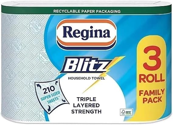 Blitz Kitchen Roll Paper Towels 3 Ply, Lint Free, 70 Sheets Per Roll, Extra Large Sheets for Household Cleaning, Glass, Glossy Surfaces (W, 6 Rolls)