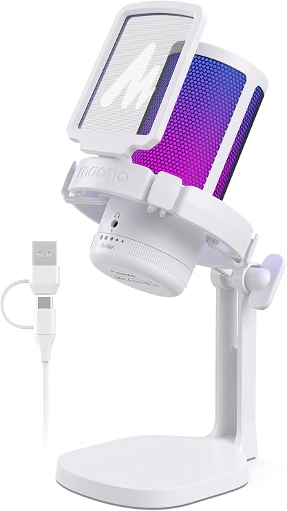 MAONO PC oyun mikrofonu, gürültü azaltıcı kondansatörlü mikrofon, yayın podcast stüdyosu için, USB mikrofon, PS5/PS4/Mac için, kontrol edilebilir RGB ışıklı, One Touch sessize alma, kazanç regülatörü,