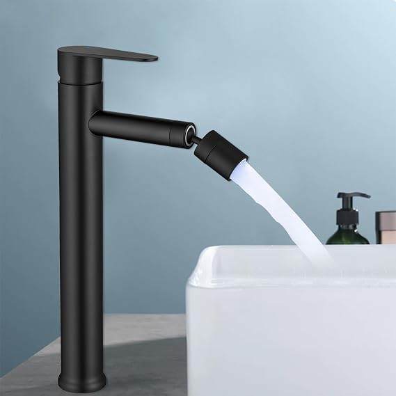 Tall Bathroom Basin Mixer Tap with 360° Swivel Spout, High Rise Bathroom Sink Faucet, Matte Black Tall Round Mono Mixer Basin Taps