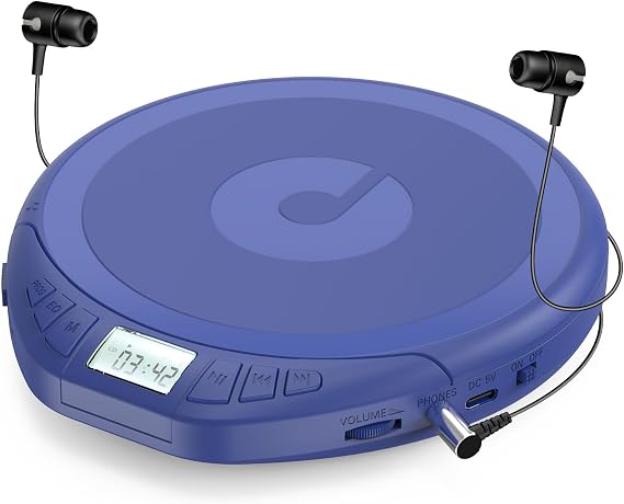 Gueray CDプレーヤー ポータブルCD Dsicman:車載イヤホン付き 滑り止め耐衝撃性 LCDディスプレイ対応 PROGメモリーリピート機能付きダークブルー