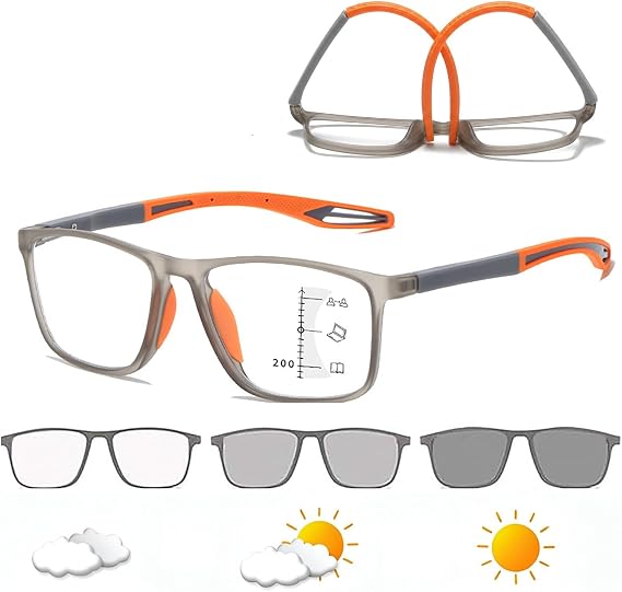 Progressive Multifocus Reading Glasses For Men And Women Photochromic Cheaters Anti-Blue Light With Spring Hinges Readers, Sporty Design, Anti UV(Gray/Orange,1.0x)