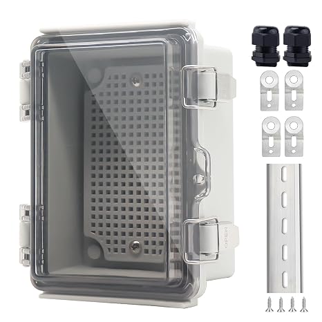 IP67防水ジャンクションボックス、ステンレススチールラッチ付きABSプラスチック電気エンクロージャ、取り付けプレート付きヒンジカバー電気ボックス、ウォールブラケット&ケーブルグランド150x100x70