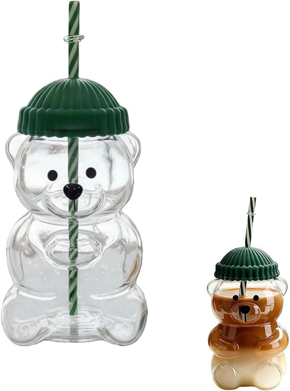 Bear Glass Cup, 20oz Borosilicate Glass Tumbler Straw Lid