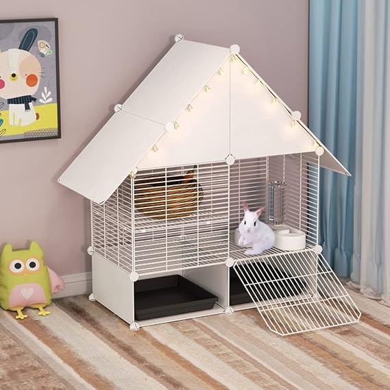 DuvinDD 2-Story Small Rabbit Cage Indoor Bunny Hutch with 2 Deep Pull-Out Trays and Urine Guard, Guinea Pig Cage Metal Wire Netting Villa, Small Animals House for Ferret, Chinchilla, Hedgehog