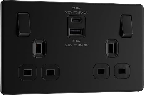 BG Electrical 22W Double Switched Power Wall Plug Socket with Fast Charge Type A and C USB Ports, Screwless, Flatplate, Matt Black, 13A, FFB22UAC22B