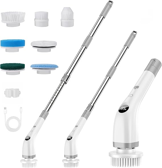 Electric Spin Scrubber, Electric Cleaning Brush with 7 Replacement Heads, Adjustable Extension Handle,Power Cleaning Brush for Bathroom,Kitchen,Tile-Full Body IPX7 Waterproof