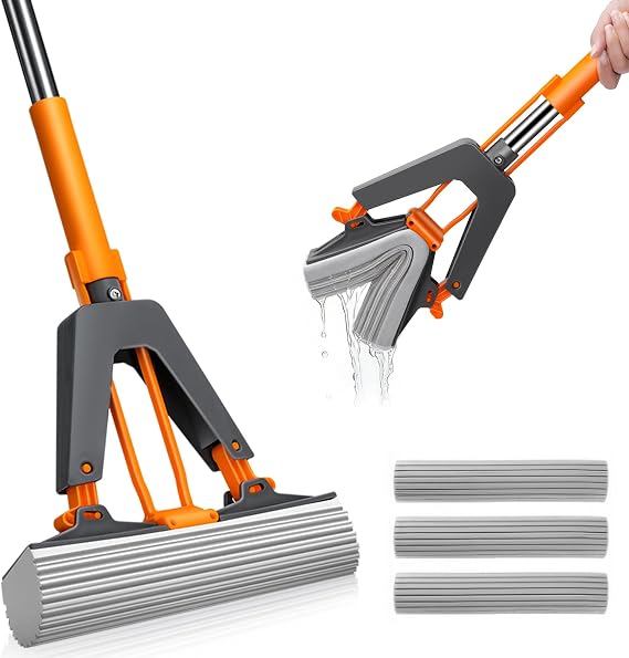MASTERTOP Self-Squeeze PVA Sponge Floor Mop with 3 Replacement Heads