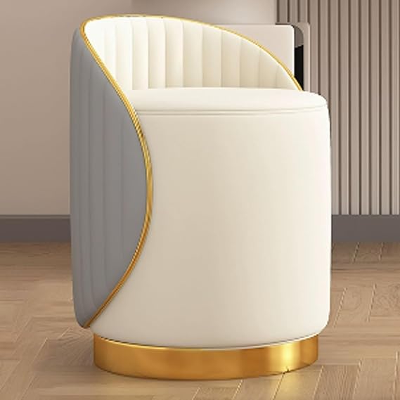 Modern Swivel Dressing Table Chair Round Makeup Stool with Back Gold Base Leather Padded Cushion Versatile Ottoman Foot Stool for Bedroom and Vanity Use