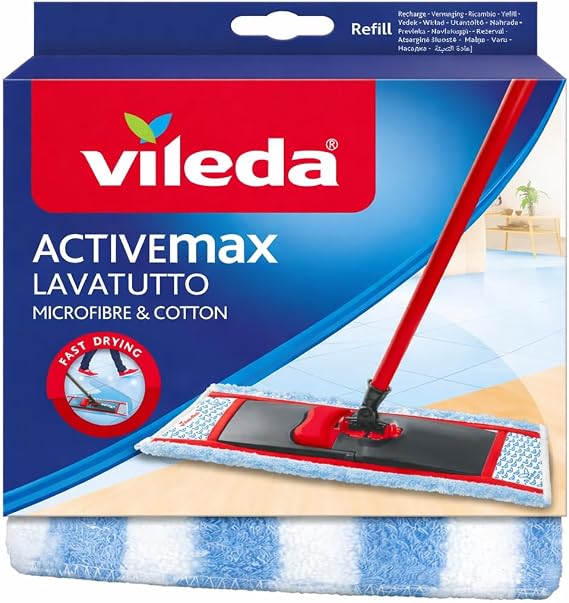 Vileda ActiveMax Lavatutto Flat Mop Refill Microfibre & Cotton | Fast Drying Absorbent Floor Cleaning Pad | Replacement Mop Head for Tiles Laminate Vinyl Wood & Hard Floors